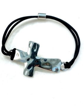 Silver Cross Cord Bracelet - Black Cord